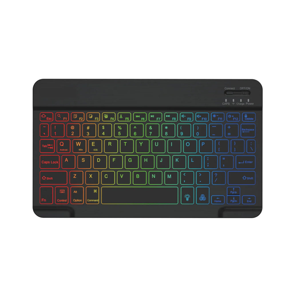 Compact 10-inch black Bluetooth keyboard with colourful LED backlight, shown next to a tablet.