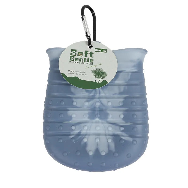 Blue 2-in-1 dog paw cleaner cup with silicone bristles and hook for portable use
