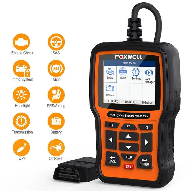 Foxwell NT510 orange and black automotive OBD2 diagnostic scanner with screen and cable.