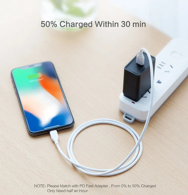 White nylon braided USB-C to Lightning charging cable for iPhone and iPad.