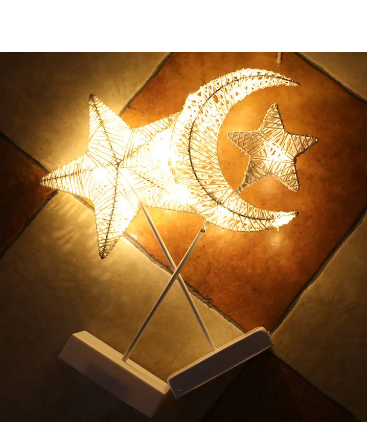 Rattan ball table lamp with flashing LED lights in love heart, star, or moon shape.
