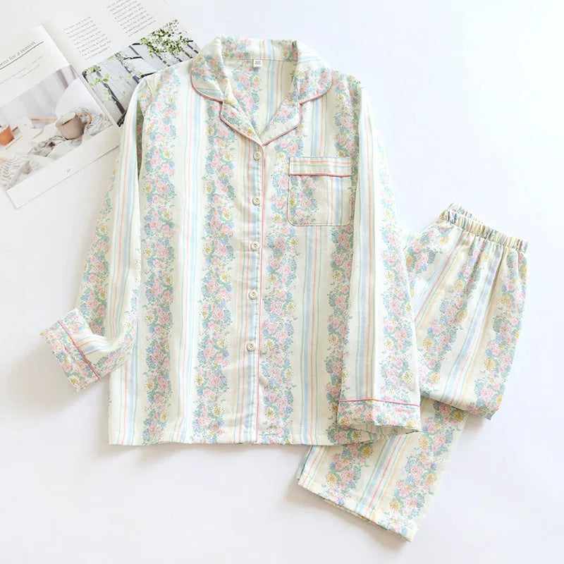 Japanese Sweet ladies red fruit print cotton gauze long sleeve top and trousers two-piece homewear set.