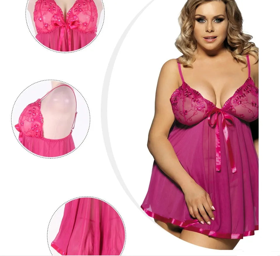 Women's plus size 6XL mesh and lace lingerie sleepdress on a hanger, shown in purple colour