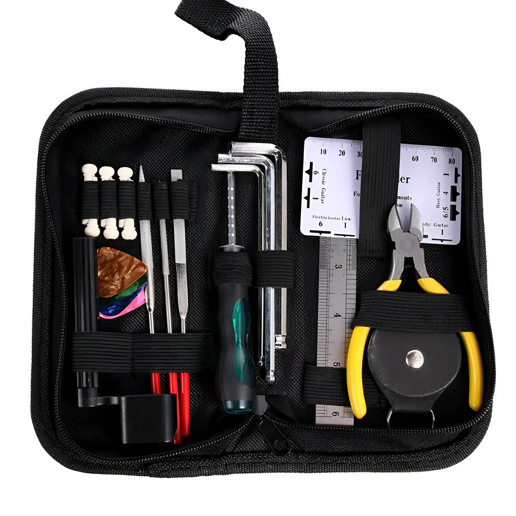 Black plastic case of a guitar repair tool kit for guitar, bass, mandolin, and banjo maintenance.