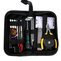 Black plastic case of a guitar repair tool kit for guitar, bass, mandolin, and banjo maintenance.