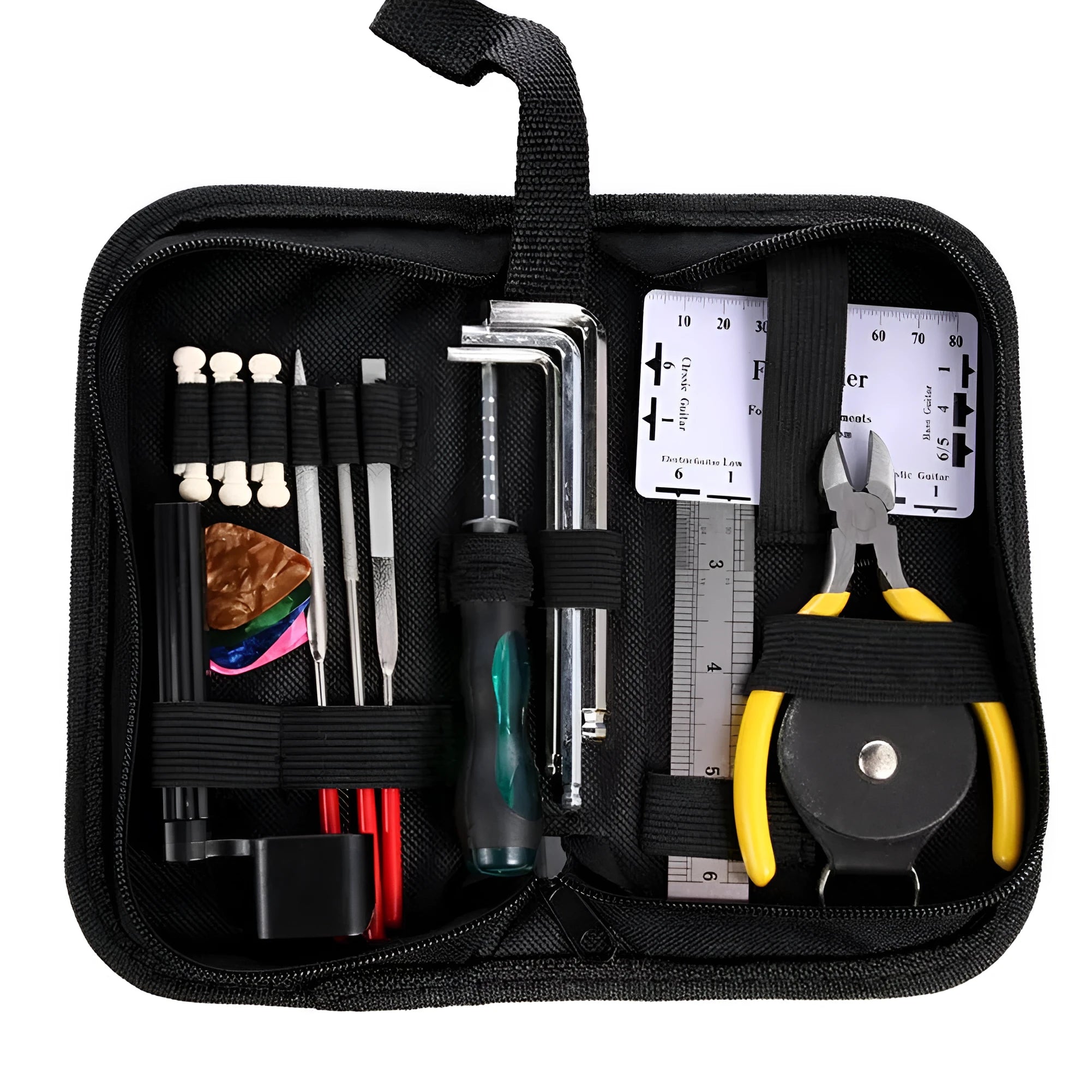 Black plastic case of a guitar repair tool kit for guitar, bass, mandolin, and banjo maintenance.
