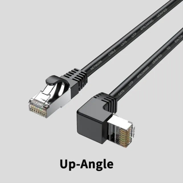 Black Cat6 Ethernet cable with right-angle metal RJ45 connector showing different orientation options