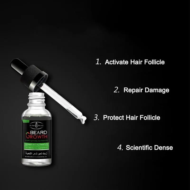 Natural beard growth essential oil bottle for men, moisturising conditioner and softener, all skin types
