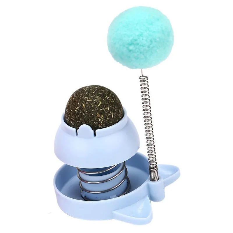 Automated lucky cat cat toy with rotating mint ball in blue, orange and pink colours