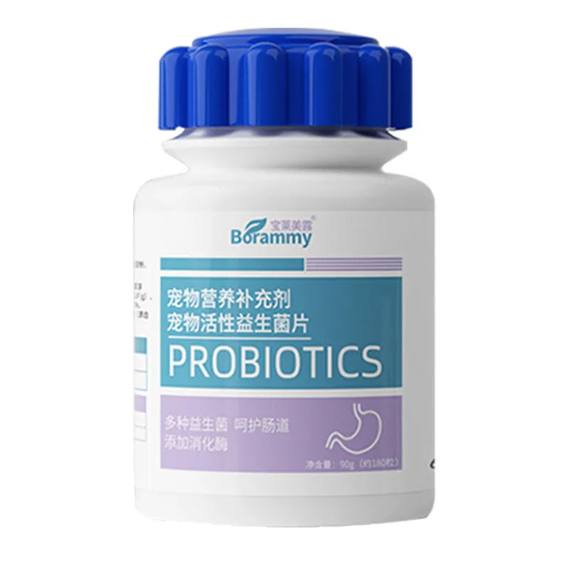 Bottle of pet active probiotic tablets containing 180 count for cats and dogs.