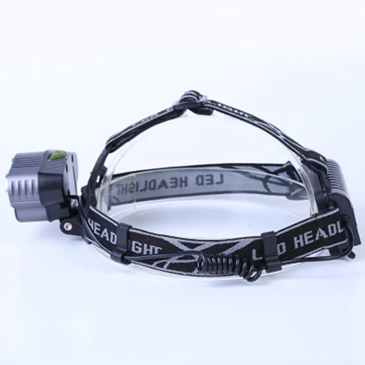Head-mounted camping light with fixed focus beam showing waterproof construction and LED light source