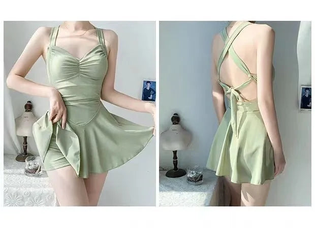 Women's one-piece swimsuit in avocado green polyester spandex with conservative backless design