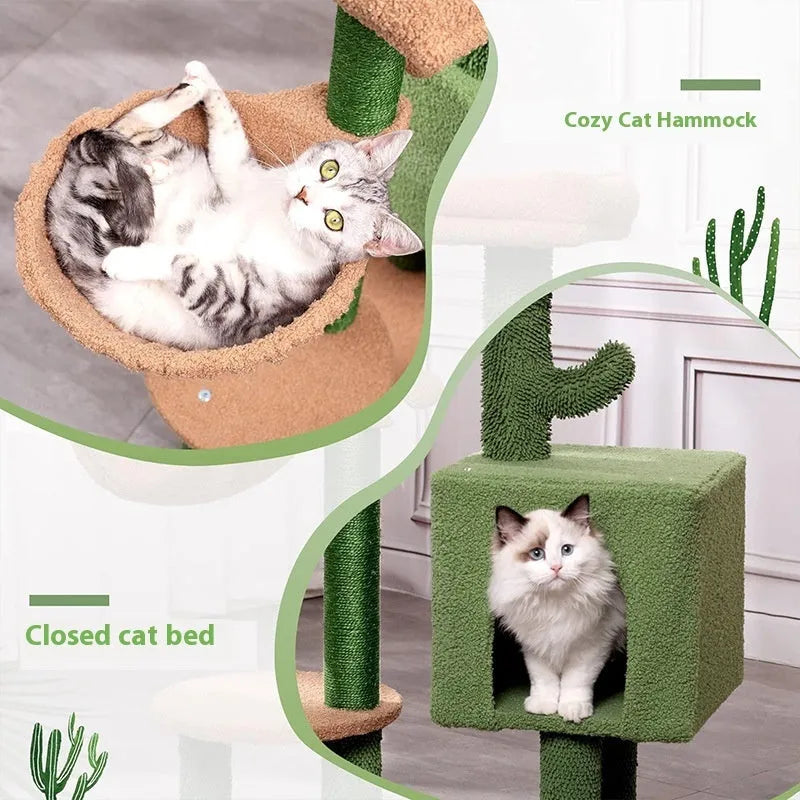 Green cactus wooden cat climbing frame 43x33x87cm with jumping platform and shelf for small and medium-sized cats