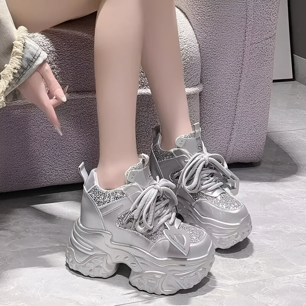 White thick-soled height-increasing sneakers with synthetic leather upper, sequin trim, and rubber sole for daily wear