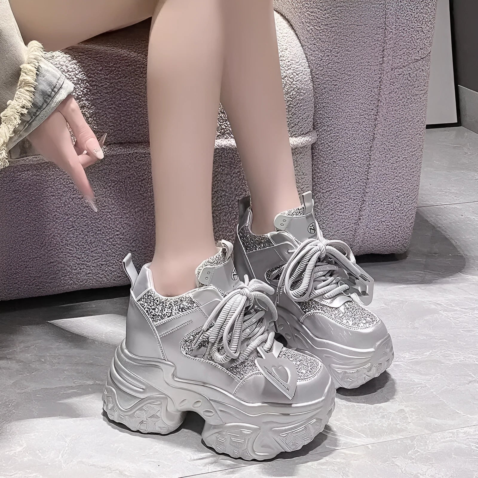 White thick-soled height-increasing sneakers with synthetic leather upper, sequin trim, and rubber sole for daily wear