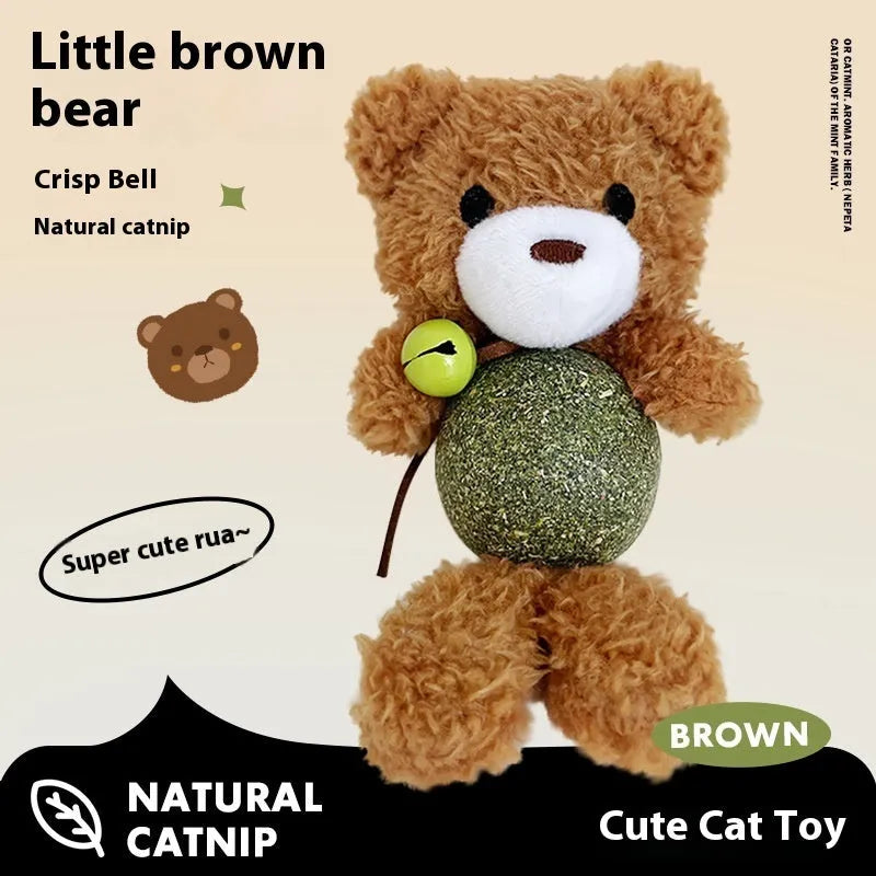 Plush catnip ball toy shaped as a character, measuring 15cm tall, with a bell and a 4cm catnip ball.