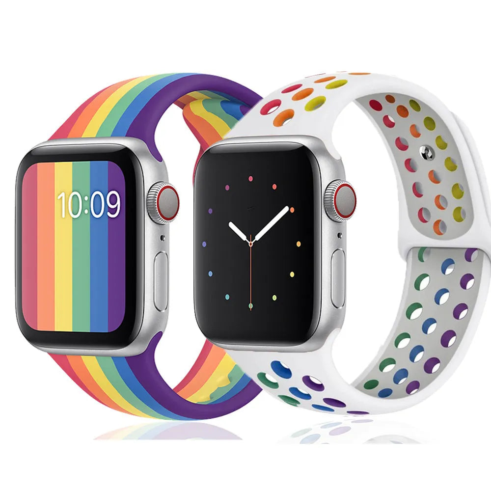 Silicone sports wristband with a single buckle clasp in black, white, and rainbow colours.