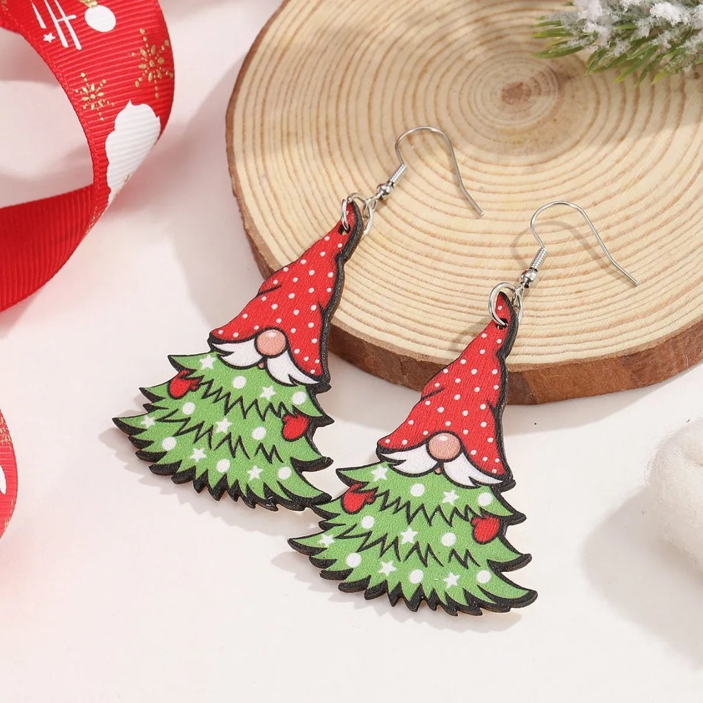 Wooden geometric Christmas earrings with Christmas tree and water drop snowman designs featuring Santa Claus elements