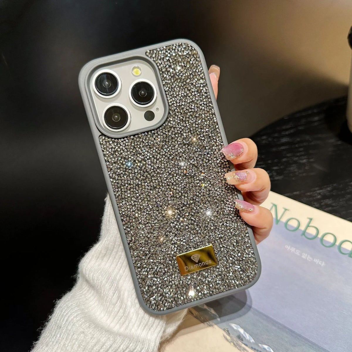 Luxury rhinestone full diamond graphene phone shell in black with frosted finish for iPhone models