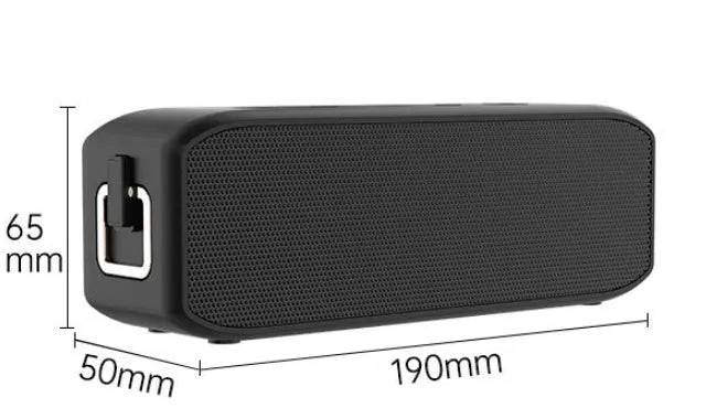 Black waterproof wireless Bluetooth speaker with 20W output power and 12-hour battery life