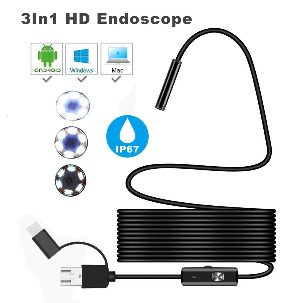 Black three-in-one Android phone endoscope with 5.5 mm probe and type-C Micro USB connectors