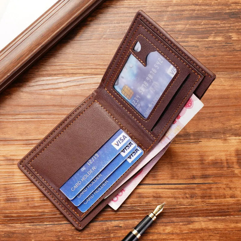 Men's thin black three-fold horizontal leather wallet showing multiple card slots.