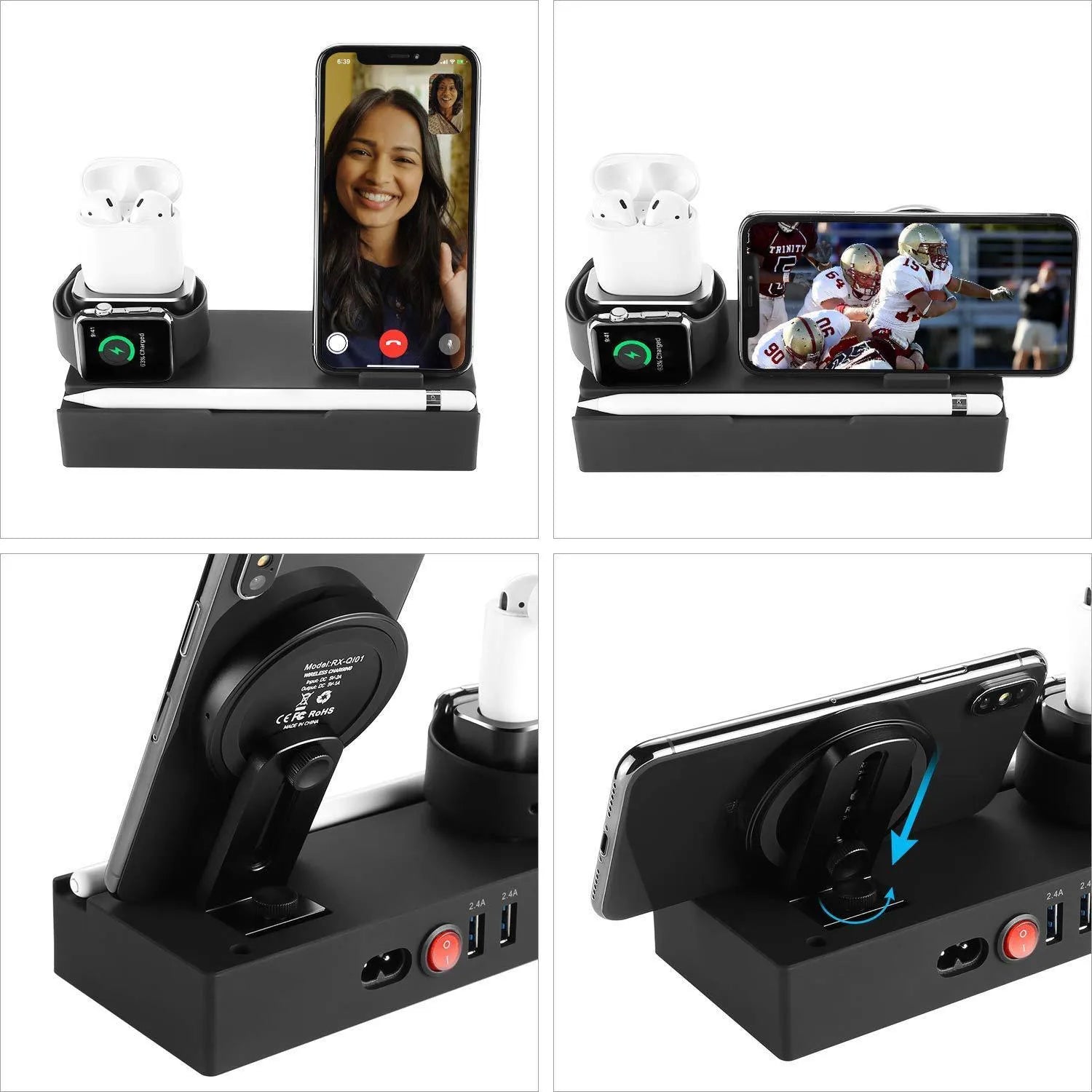 Black eight-in-one desktop charging station with five USB ports and a square wireless charging panel.