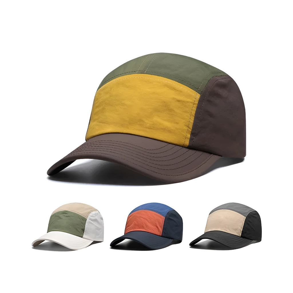 Set of five men's simple baseball caps with curved brims in khaki, army green, orange, and yellow colours.
