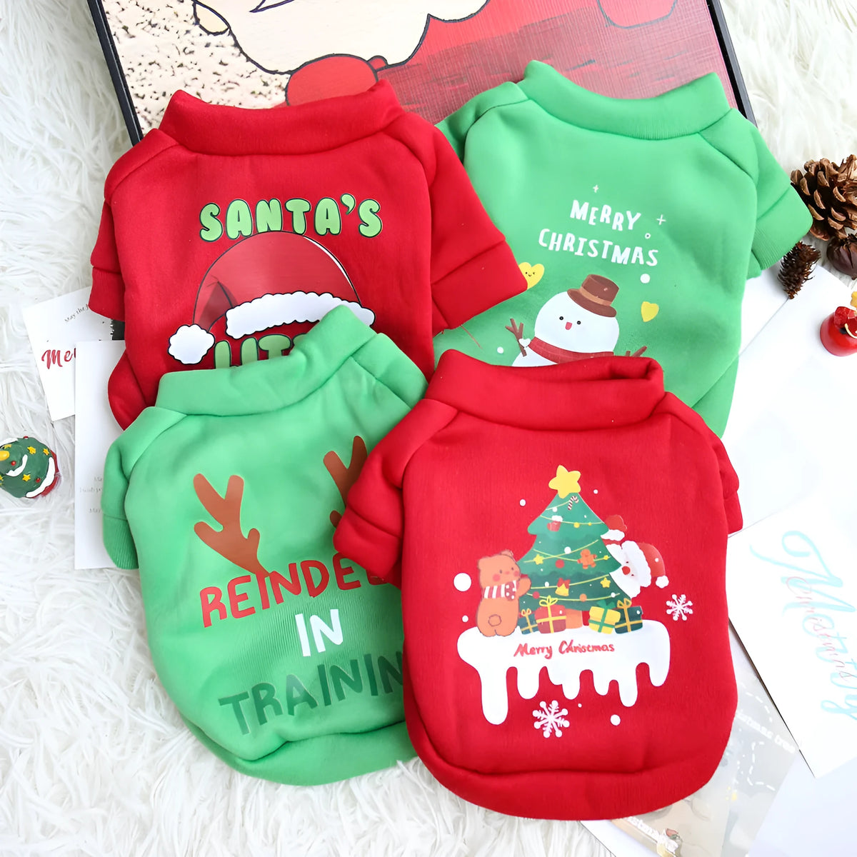 Fleece-lined pet crew neck sweater in red and green Christmas designs, sizes XS to XXL, chest 30-55cm