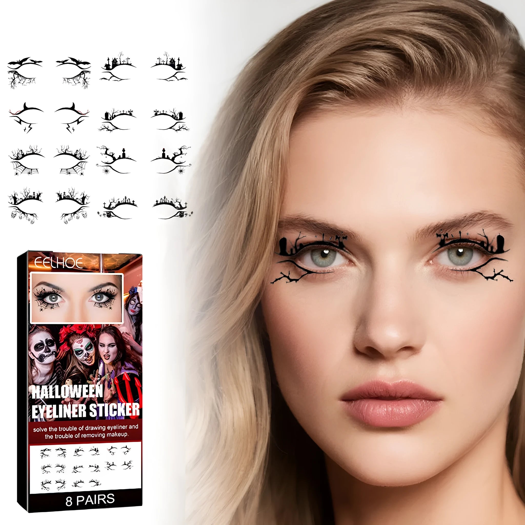 Set of bat and spider shaped decorative eyeliner stickers for makeup application.