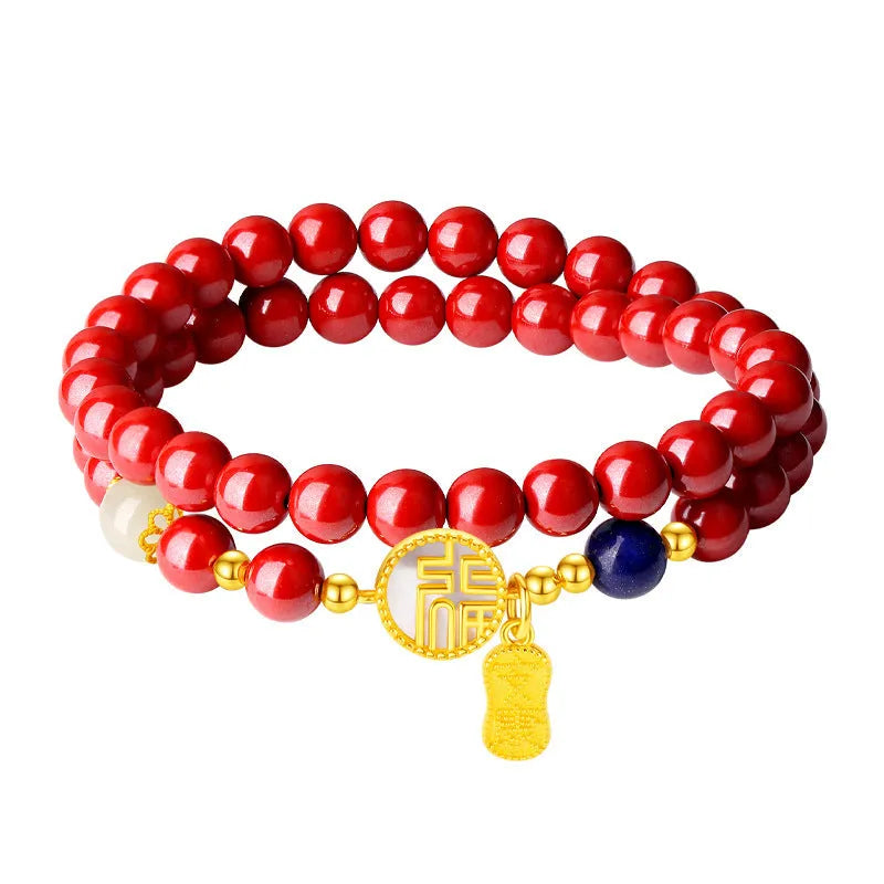 S925 sterling silver women's bracelet with white shell blessing card and cinnabar beads, 6mm diameter.