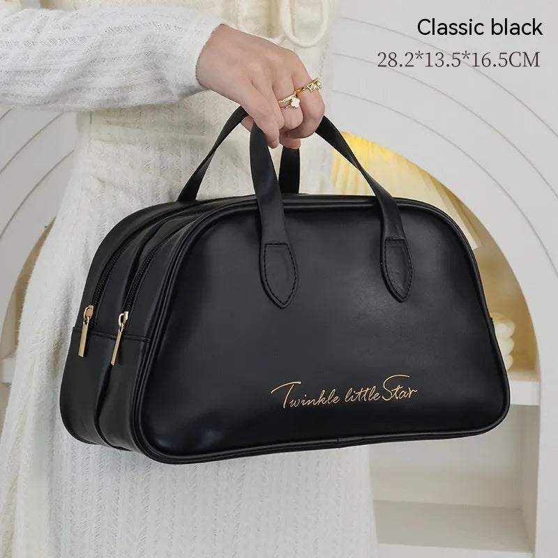 Large leather travel toiletry bag in caramel mocha colour with waterproof PU material construction