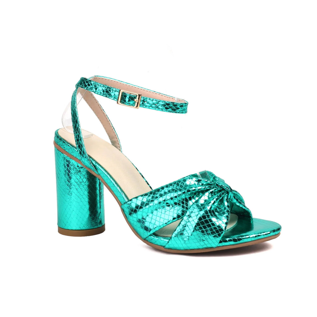 Gold women's high-heel peep-toe sandals with an adjustable ankle buckle on a white background.