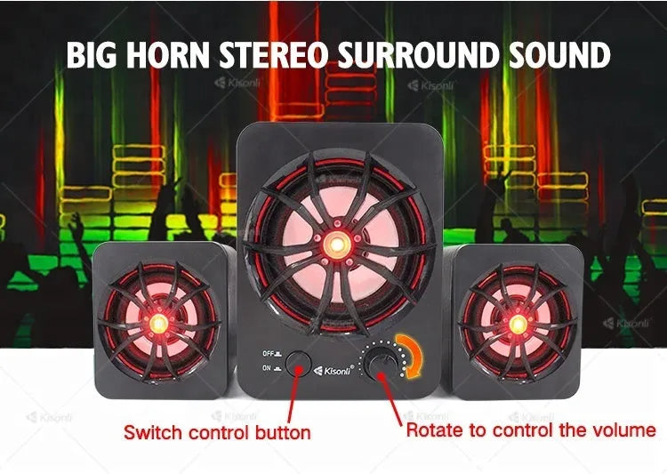 Green U-2600 2.1 USB computer speaker with colourful glowing lights on a desk