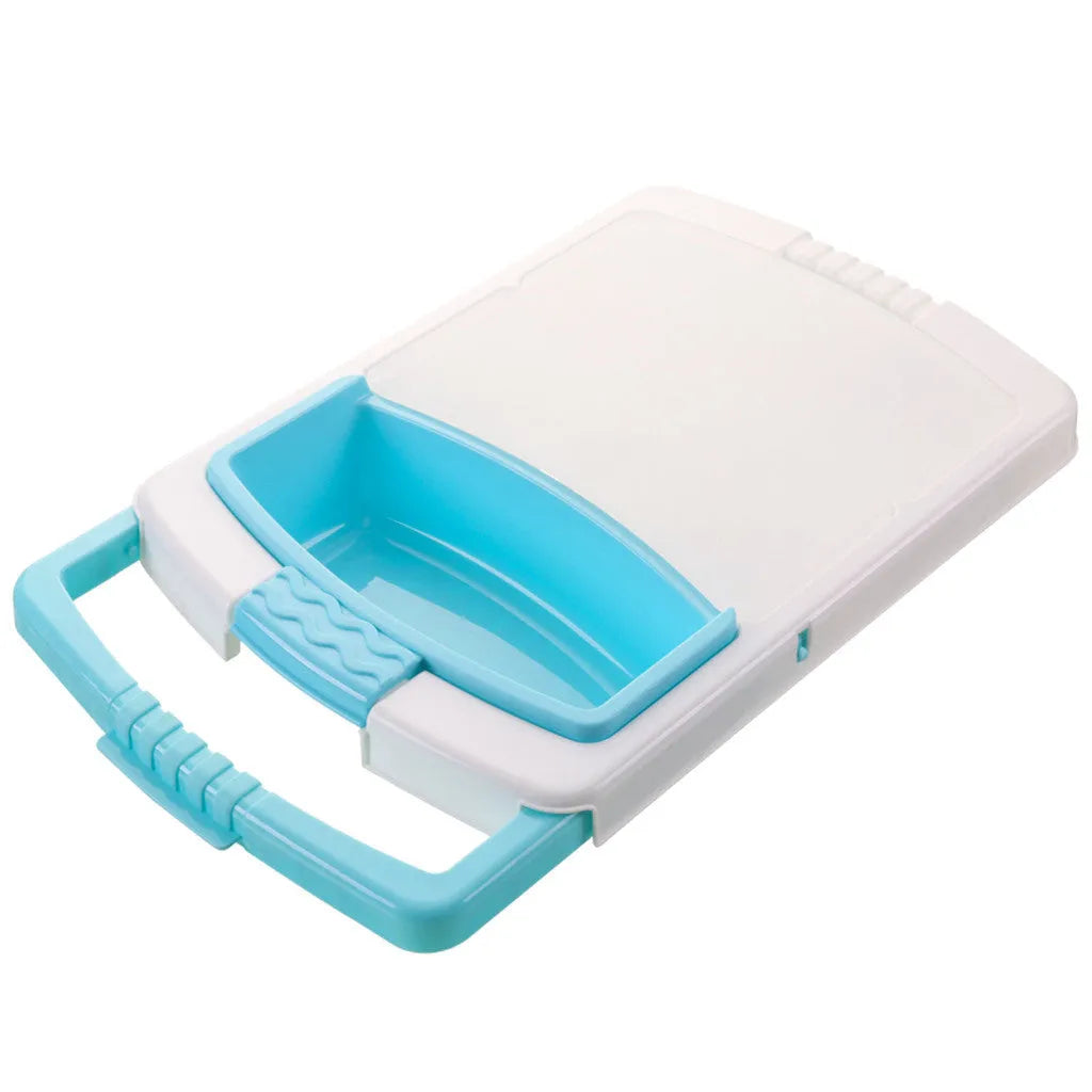 Green multi-function cutting board with draining holes mounted on kitchen sink for vegetable preparation