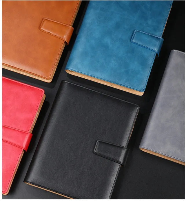 A5 leather buckle notebook with 6-hole clip in multiple colours showing hard cover and closure