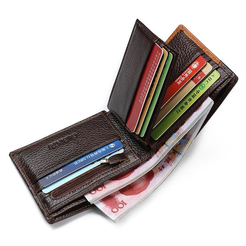 Cowhide leather men's wallet with contrast stitching, shown open to reveal card slots, bill holder, and a zipper compartment.