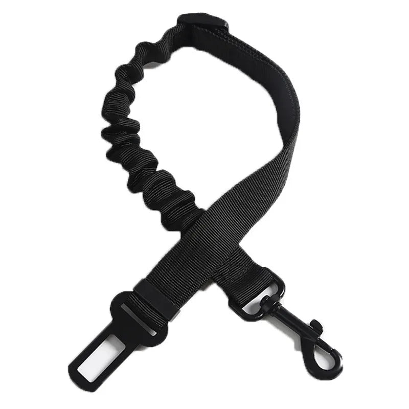 Black nylon pet vehicle retractable safety rope with metal buckle, 53-74cm length, on car seat