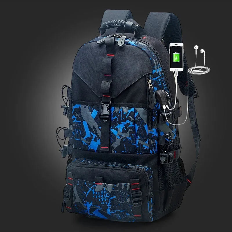 Men's black waterproof Oxford cloth hiking backpack with contrasting straps and large main compartment.