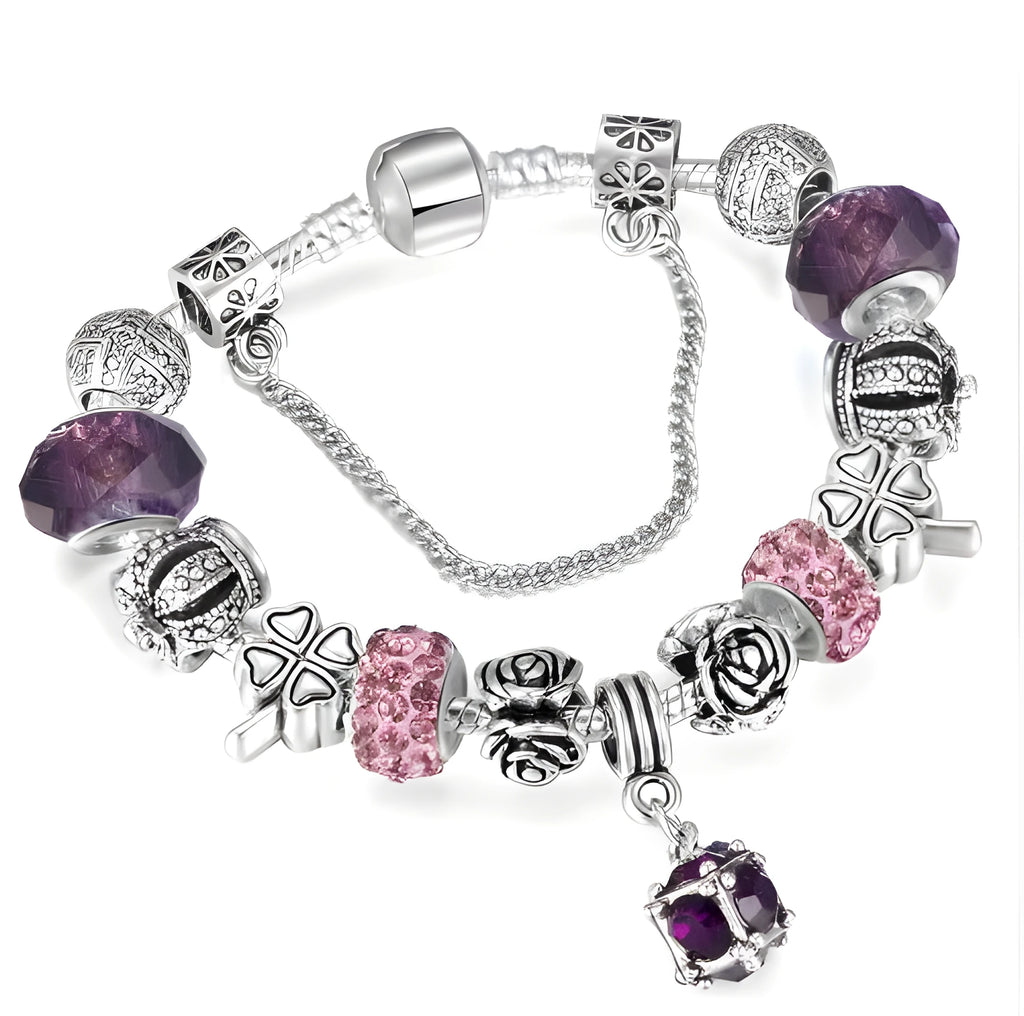 Multicolour beaded bracelet with alloy, glazed, and diamond beads on a white background
