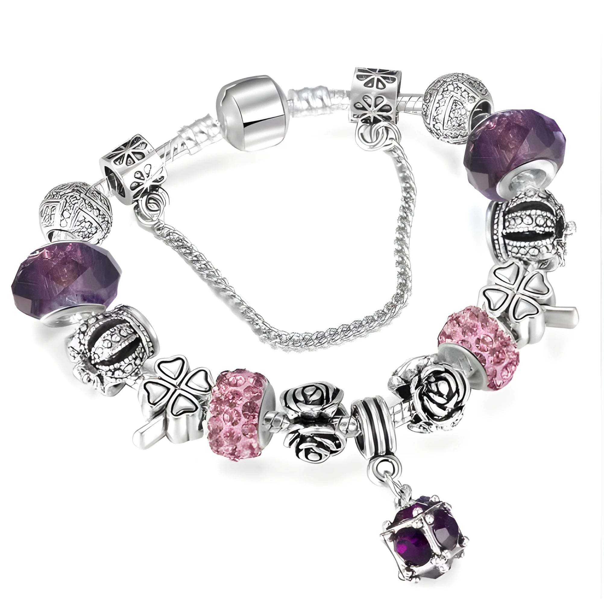 Multicolour beaded bracelet with alloy, glazed, and diamond beads on a white background