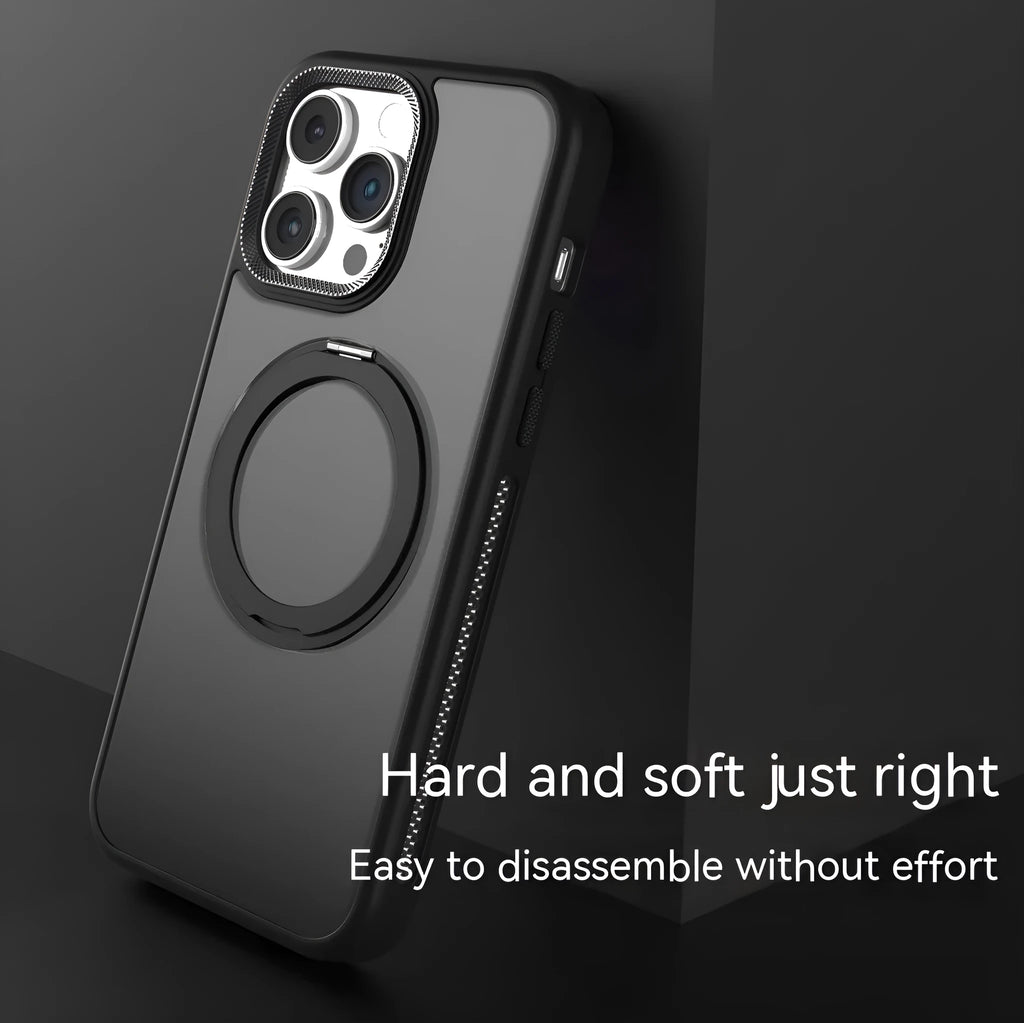 Rotating bracket magnetic suction phone case for iPhone showing frosted finish and integrated metal ring
