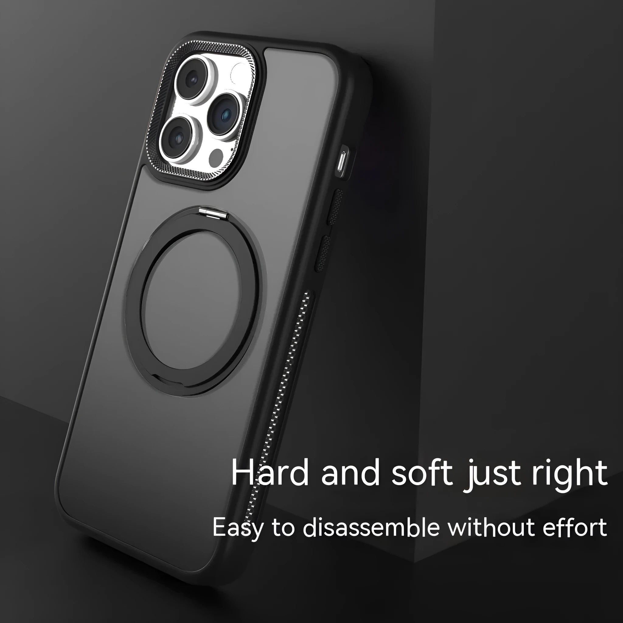 Rotating bracket magnetic suction phone case for iPhone showing frosted finish and integrated metal ring