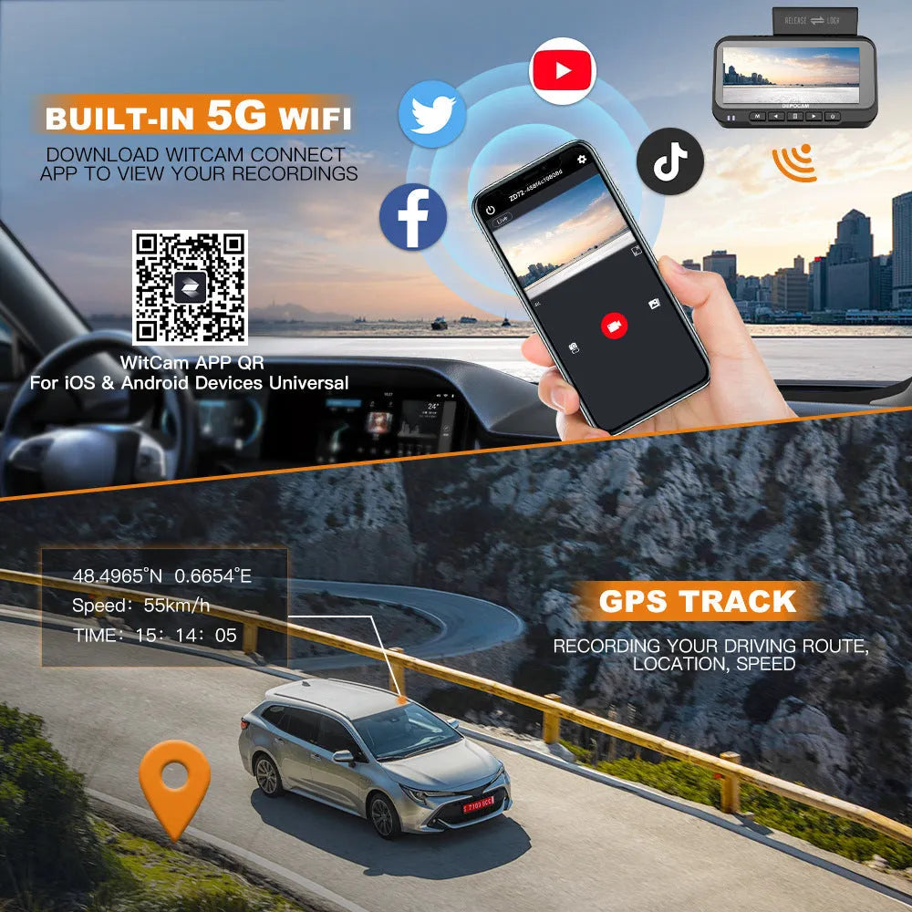 Front and rear dual lens dashcam with 4K HD recording, GPS and WiFi, 3.0 inch screen, ZD72 Black