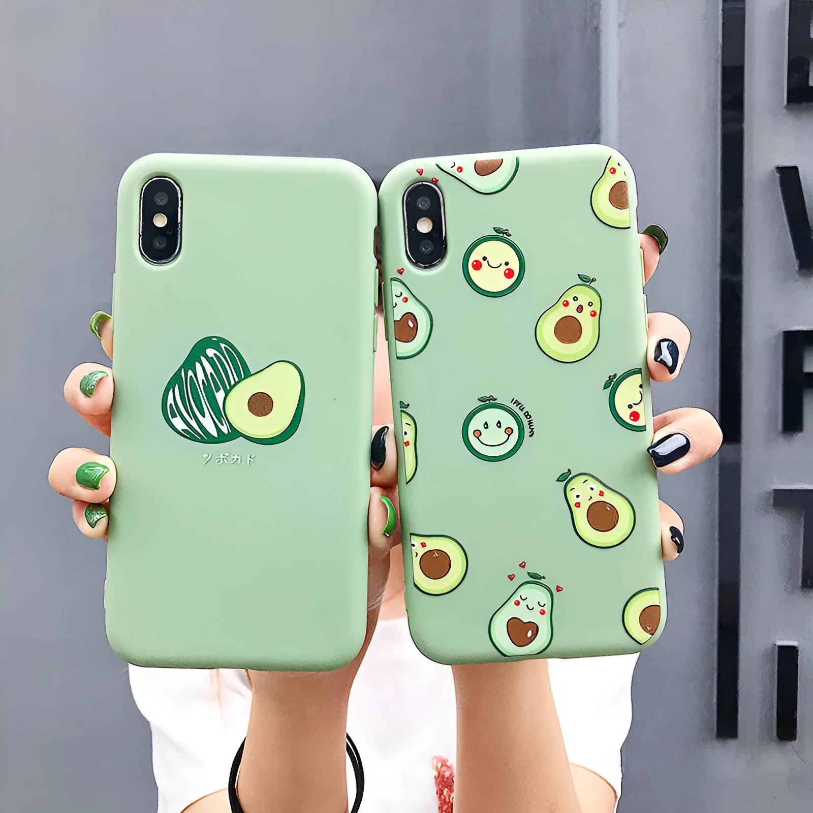 Avocado cartoon design on a green TPU back cover case for an Apple iPhone.