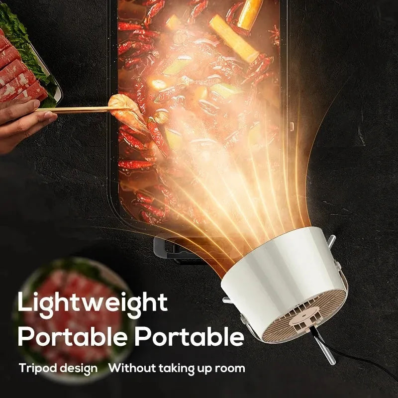 Milk white portable desktop exhaust fan with USB cable and removable filter on a kitchen countertop