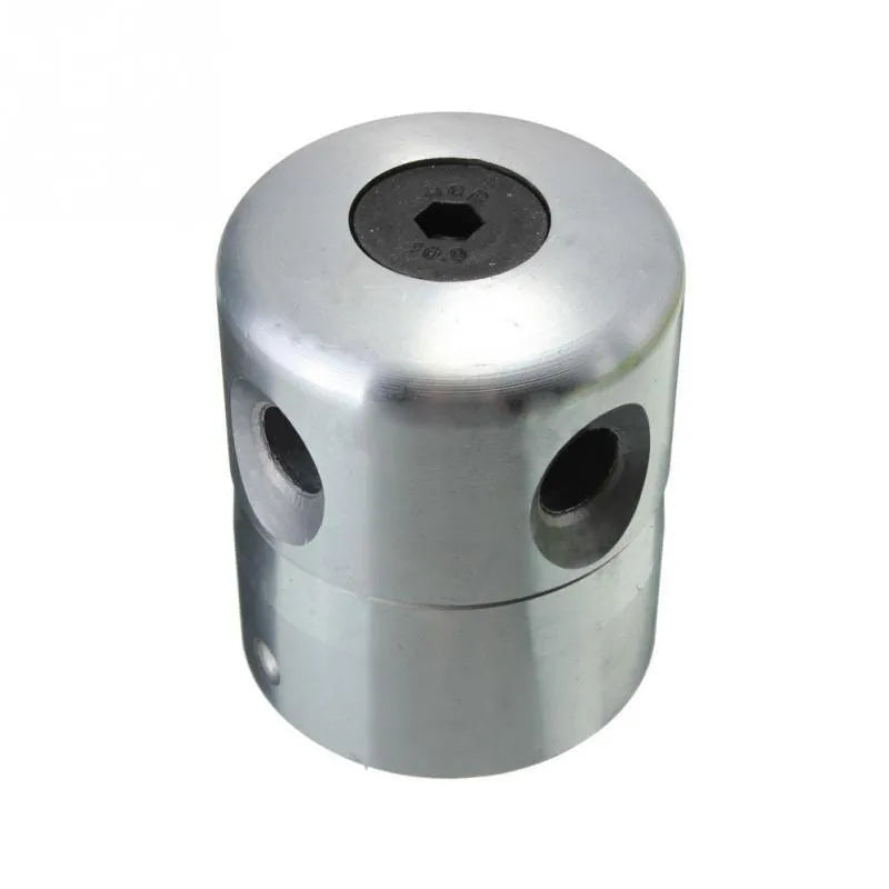 Silver aluminium lawn mower grass replacement head with four light yellow square cords, a wrench, and a gasket.
