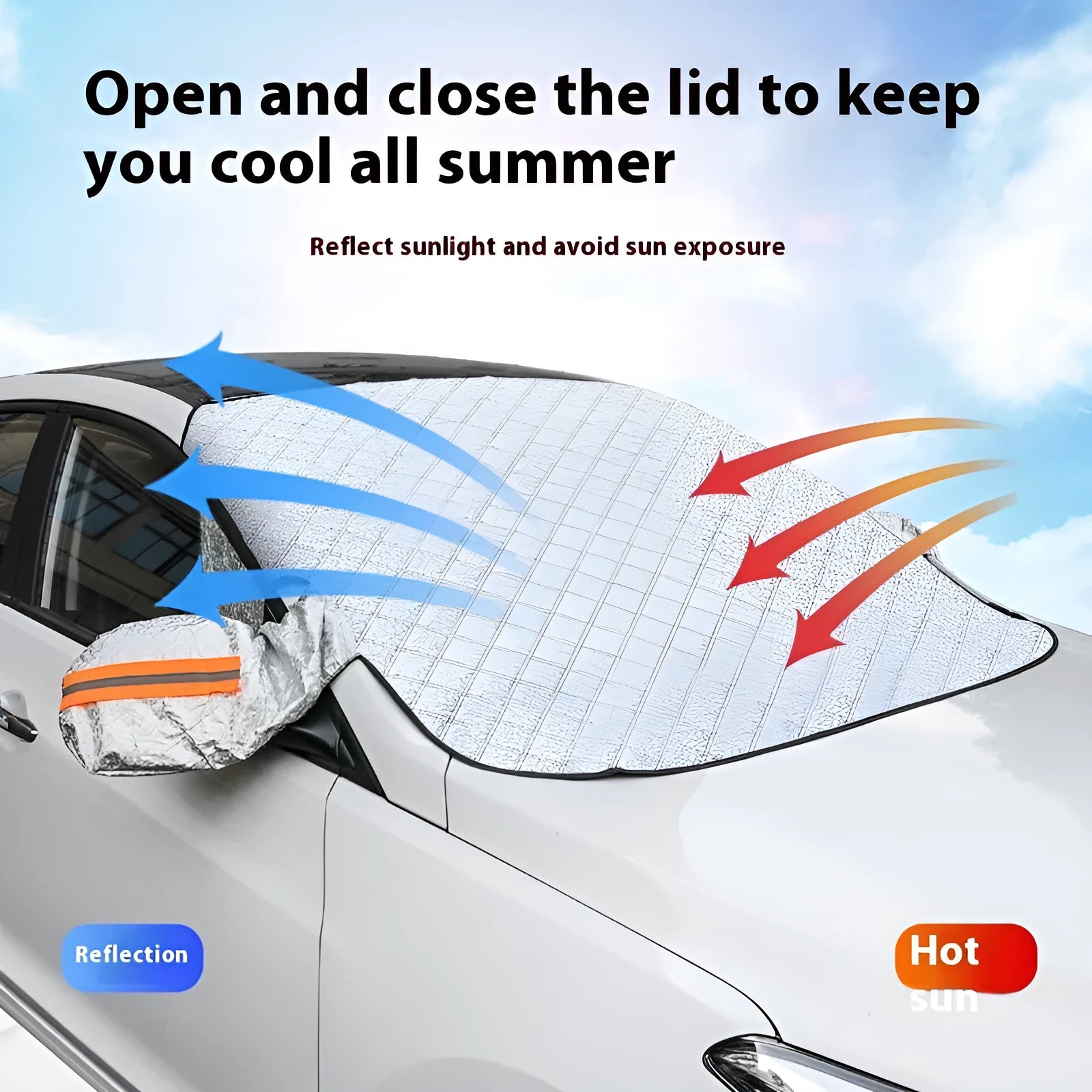 Large aluminium foil winter car cover with reflective stripes and magnets, shown fitted on an SUV front windshield.
