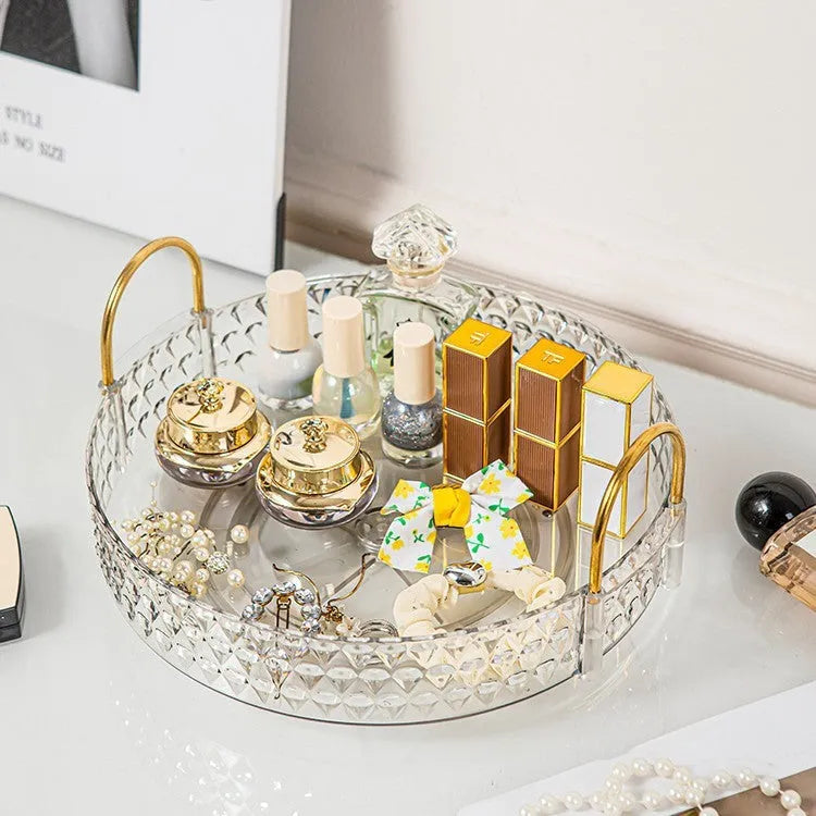 Light luxury cosmetics storage box with PET plastic and metal frame, double layer configuration