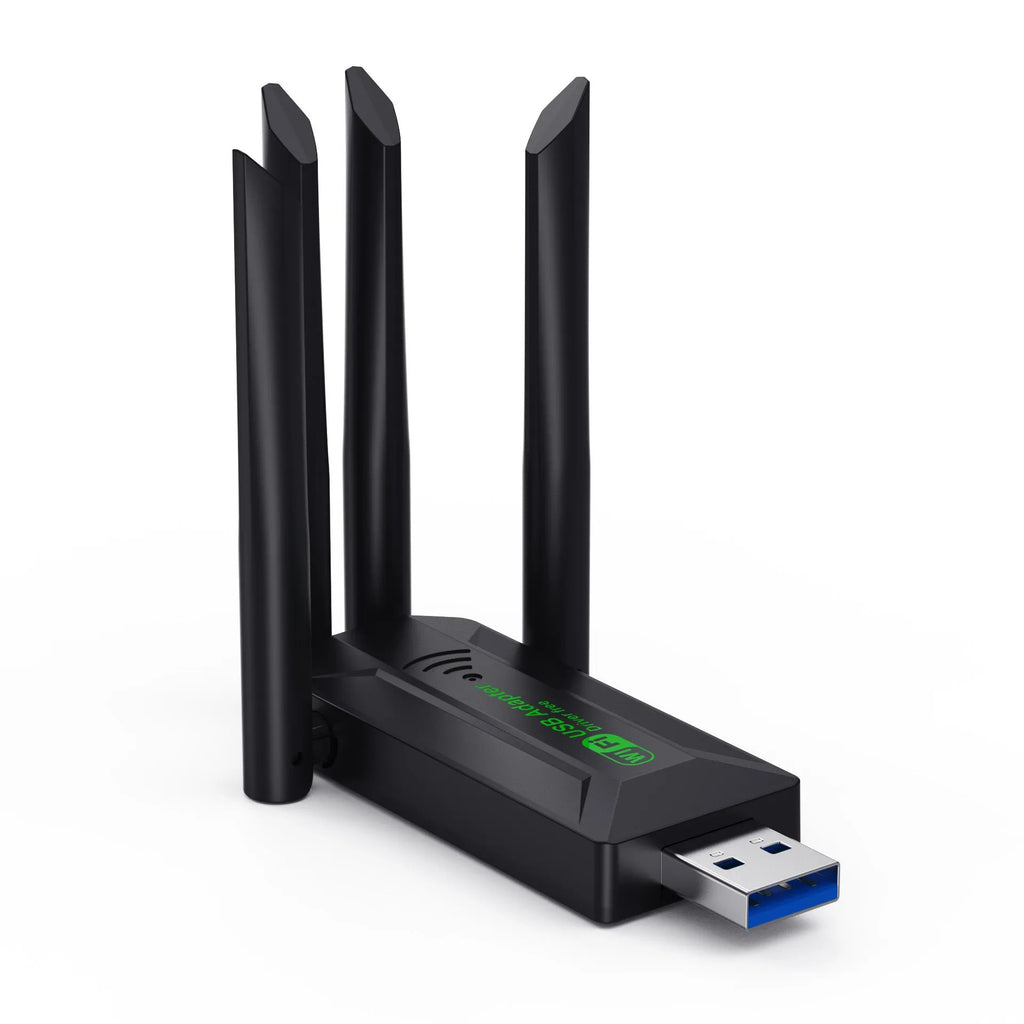 Black USB network transmitter with four adjustable antennas for computer wireless signal enhancement